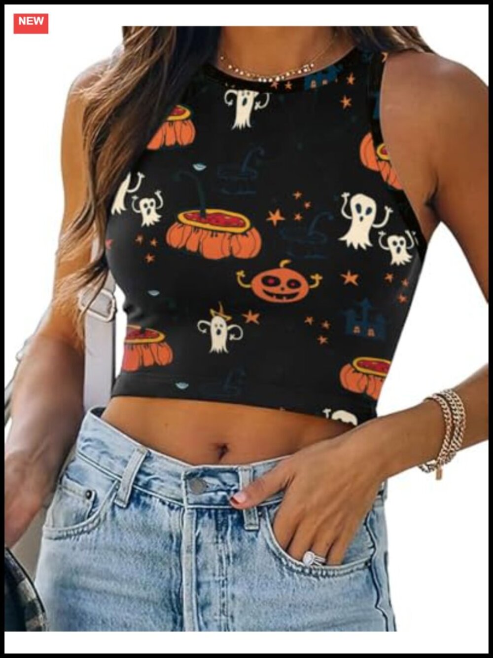 Women's Halloween Crop Top 3D Skeleton Skull Pumpkin Sleeveless Slim Fit